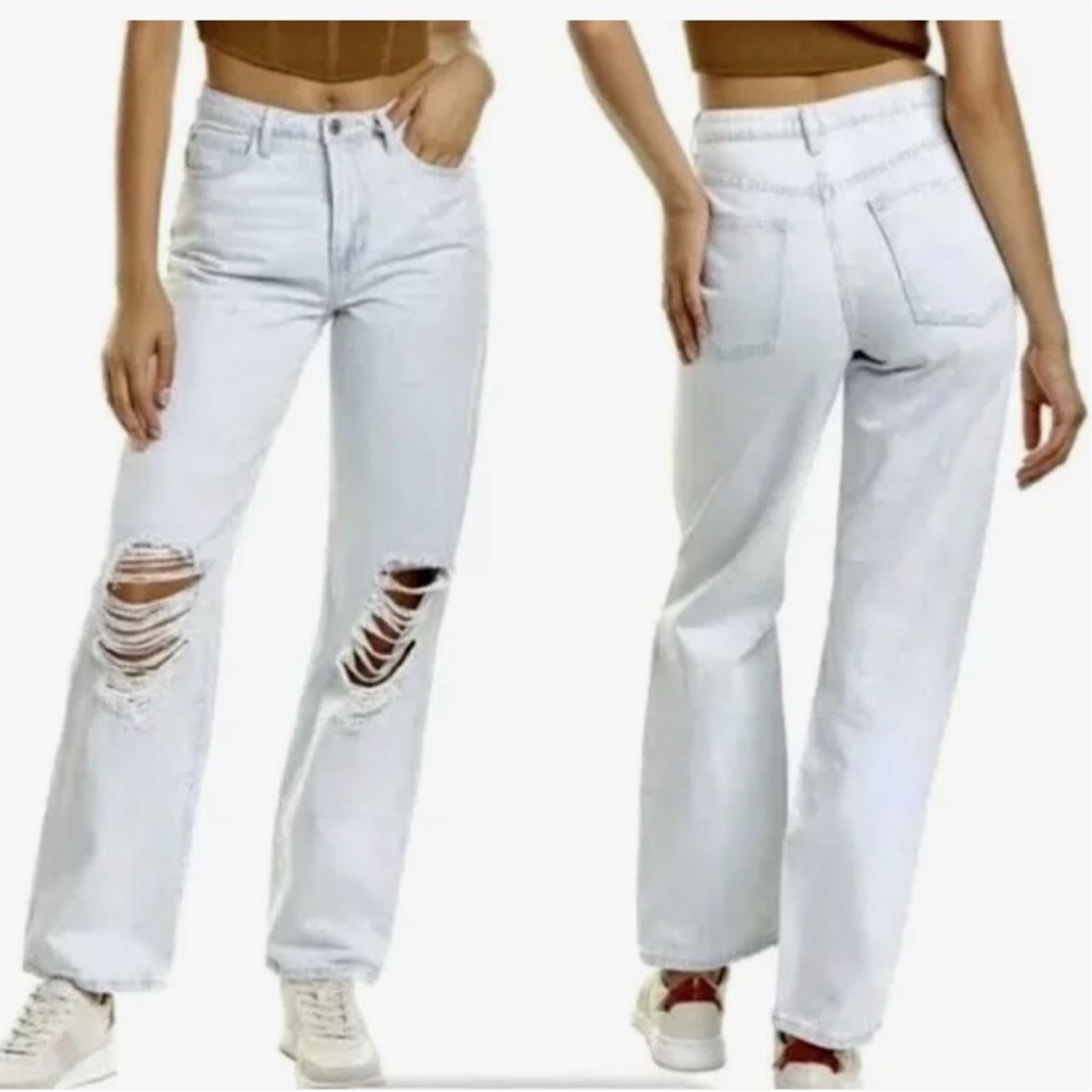 WeWoreWhat Mid Ride Straight Leg Light Blue Distressed Jeans